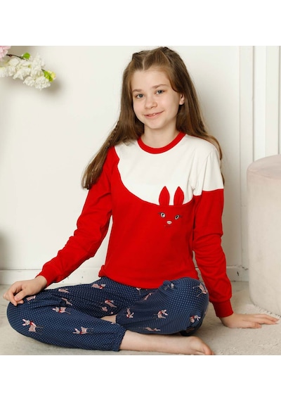 Alimer EDY5163UK-K Kız Çocuk Bisiklet Yaka Uzun Kol Pijama Takım Kırmızı