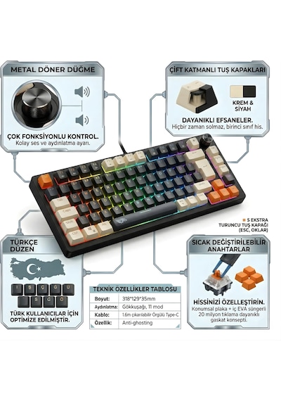 Mavi Switch Rgb Aydınlatmalı Örgü Kablolu Gameagle Gasket Mekanik Oyuncu Klavyesi Metal Knob Kontrollü Türkçe Q Layout Hot Swap Kompakt Gaming Type-c Kablo Eva Süngerli Gaming Klavye