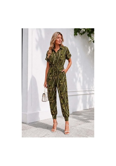 DefyModa Kadın Şık Tasarım Tül Kumaş Kısa Kollu Tulum Haki