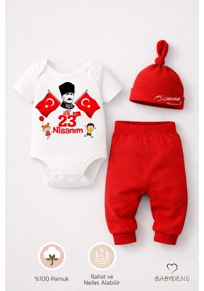Babyden's İlk 23 Nisan Bayramı Bebek Takımı Atatürk Baskılı %100 Pamuk Kısa Kollu Body Pantolon Şapka Seti Kırmızı - Beyaz