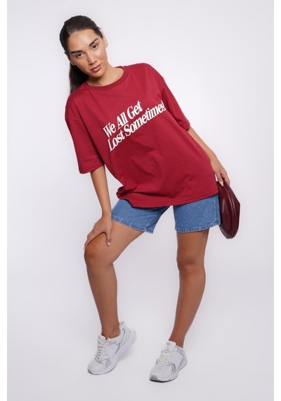 Bordo Baskılı Oversize Tişört Mg1532