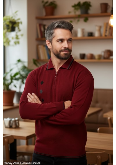 Kamalı Erkek Bordo Tüylenme Yapmayan Standart Fit Normal Kesim Nakış Desen Polo Yaka Triko Kazak Kamalı Erkek Bordo Tüylenme Yapmayan Standart Fit Normal Kesim Nakış Desen Polo Yaka Triko Kazak