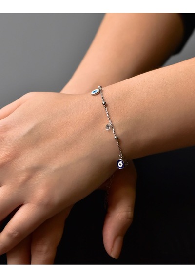 Papatya Silver 925 Ayar Gümüş Beyaz ve Lacivert Göz Mineli Bileklik