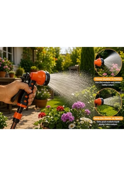 8 Fonksiyonlu Sulama Tabancası Seti Bahçe Sulama Ve Araç Yıkama İçin Hortum Başlığı, 3 Bağlantı Aparatı Dahil, Ergonomik Tetikli