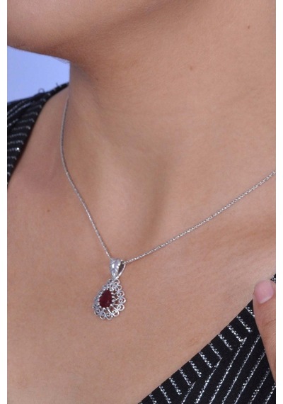 Yakut Taşlı Damla Model Oksitli Telkari Gümüş Kolye 201020744