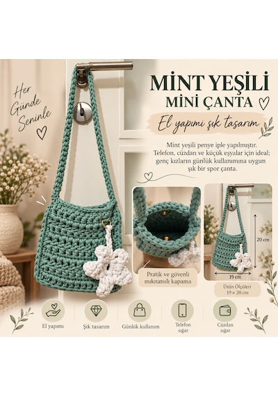 Mint Yeşili Mini El Örgüsü Çanta