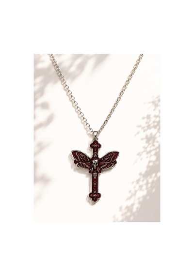 Kırmızı Kelebek Detaylı Gotik Haç Kolye Unisex Vintage Stil Zincir Kolye Çok renkli 00527955