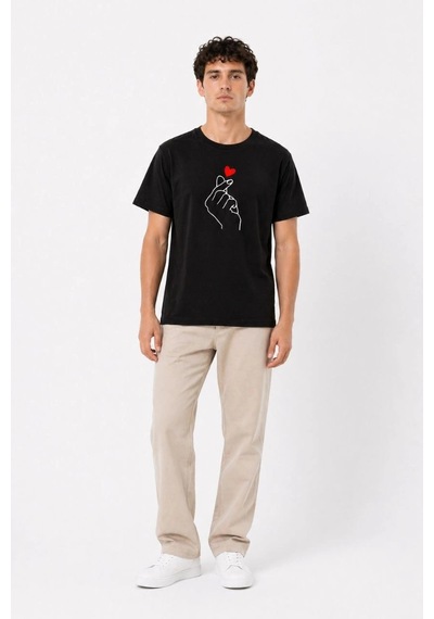 Barlashive Erkek Kore Parmak Kalp Aşk Temalı Minimal Baskılı Tişört Yazlık Kısa Kol T-shirt - Siyah Çok Renkli