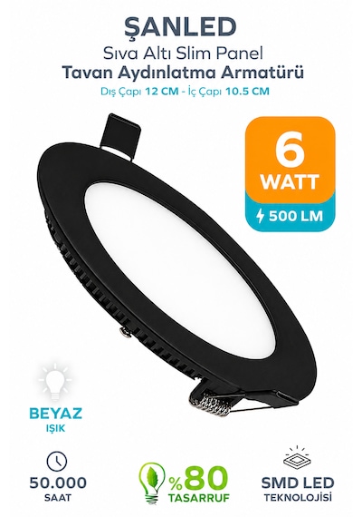 6w Tasarruflu Led Yuvarlak Siyah Kasa Beyaz Işık Sıva Altı Panel Aydınlatma Armatürü 1 Adettir