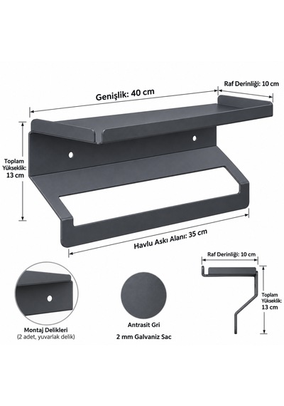 Metal Raflı Havluluk 40 Cm Duvar Tipi Havlu Askısı Antrasit - Gri