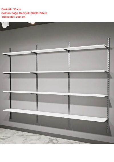 4 Katlı Duvara Monte Ahşap Raf & Konik Dikmeye Ahşap Raf 30x270x200cm Gri