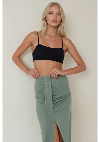 Hiccup Drapeli Yüksek Bel Bodycon Sandy Maxi Etek Haki Yeşil