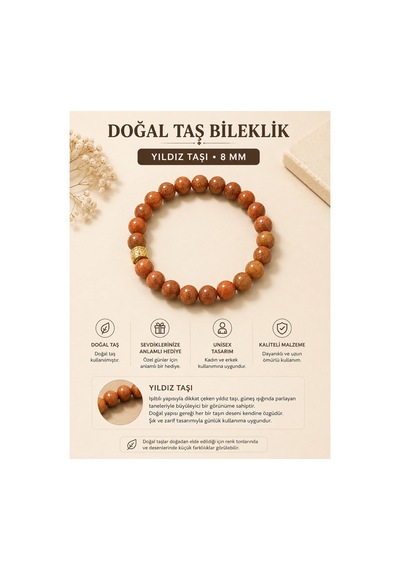 Leyan Doğaltaş 7 Mm Yıldız Taşı Bileklik El Yapımı Doğal Taş Kadın Bilekliği Kahverengi Ekru Ekru