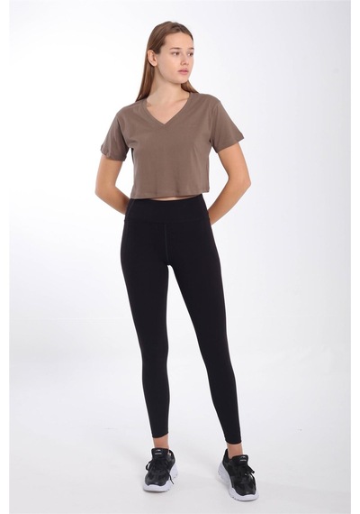Maraton Sportswear Regular Kadın V Yaka Kısa Kol Basic Kakao Crop Top 21236 Kahverengi