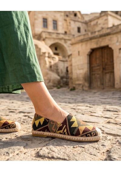 Futsishoes Vıola Siyah Hakiki Deri Kilim Desenli Kadın Etnik Desen Espadril Ayakkabı