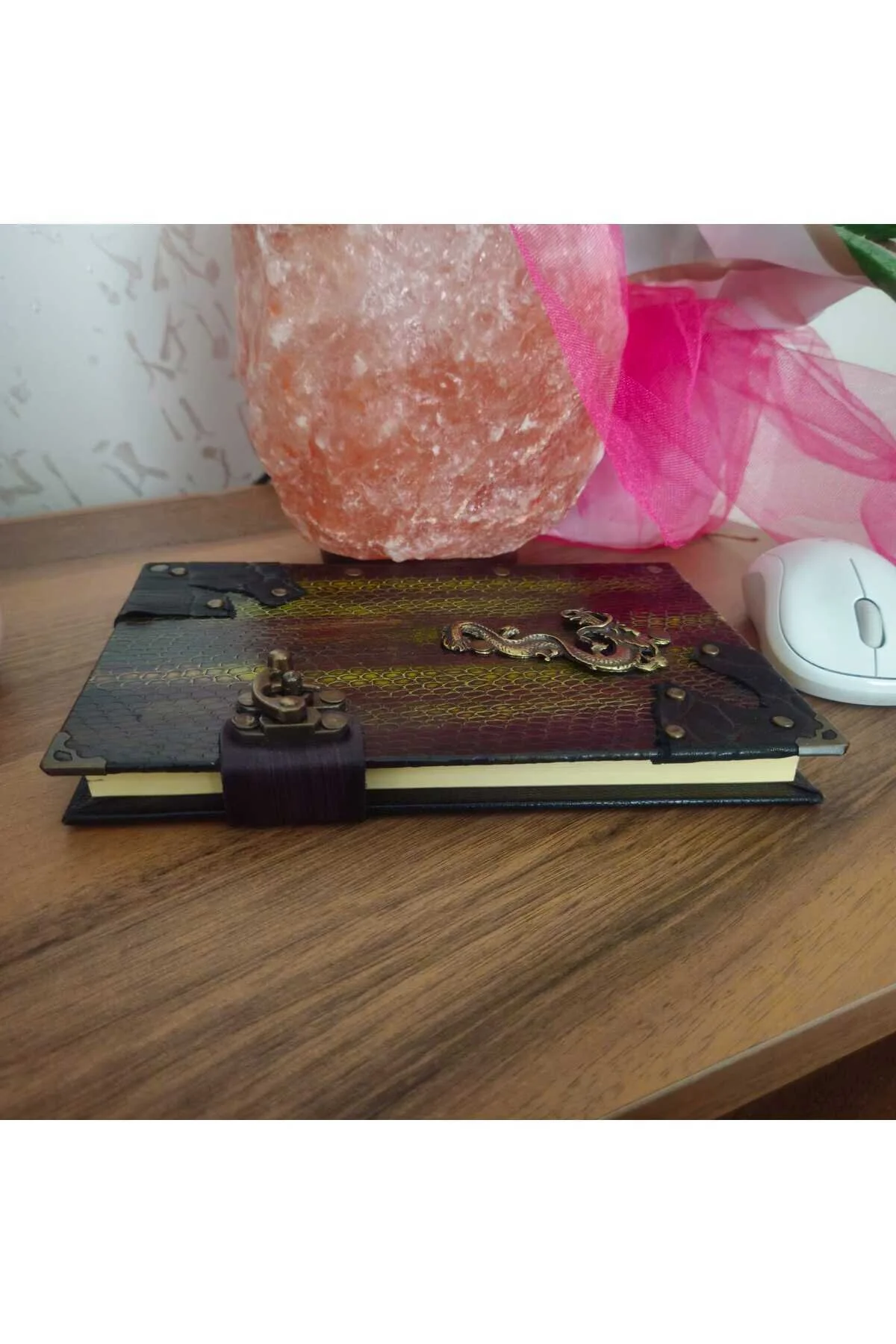 Dragon Hakiki Deri Doğaçlama Zamak Döküm Figürlü Efektli El Yapımı Defter Açık Yeşil