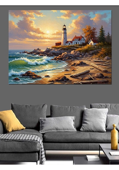 Ahşap Tablo Deniz Feneri Ve Dalgalı Sahil