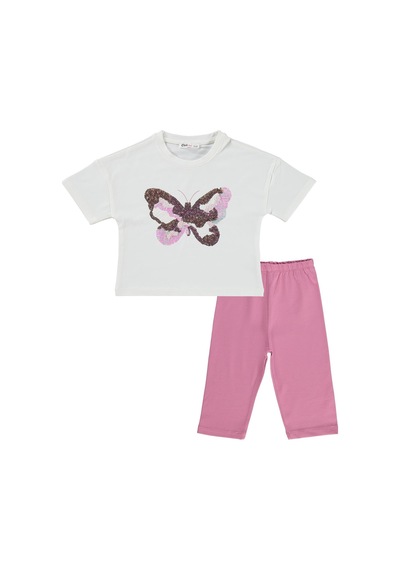 Civil Girls Kelebek Nakışlı 2-5 Yaş Takım - Ekru-soft Pembe