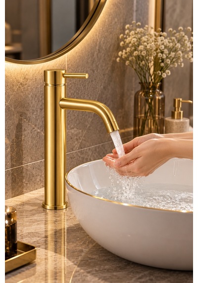 Alfas Mat Gold Çanak Lavabo Bataryası Fırçalı Altın 304 Paslanmaz Çelik Banyo Bataryası Yüksek 29cm