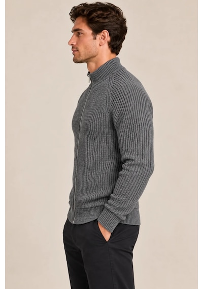 Tarz Cool Erkek Dik Yaka Fermuarlı Slim Fit Triko Hırka Füme