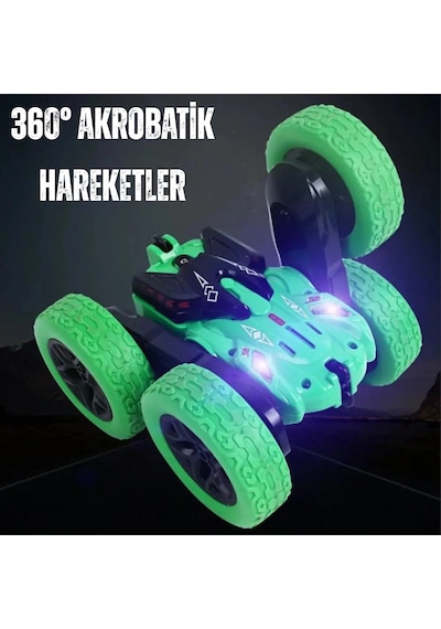 Oyuncak Uzaktan Kumandalı 4 Teker Akrobat Araba 360 Rotasyon Şarjlı Led Işıklı Yeşil
