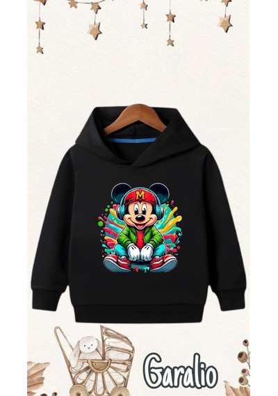 Startmore Mickey Mouse Baskılı Kapüşonlu Çocuk Sweatshirt Siyah