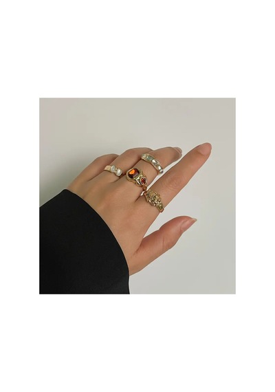 Olivien - 4 Adet Renkli Taşlı Retro Tasarım Çoklu Gold Altın Vintage Hediyelik Yüzük Seti