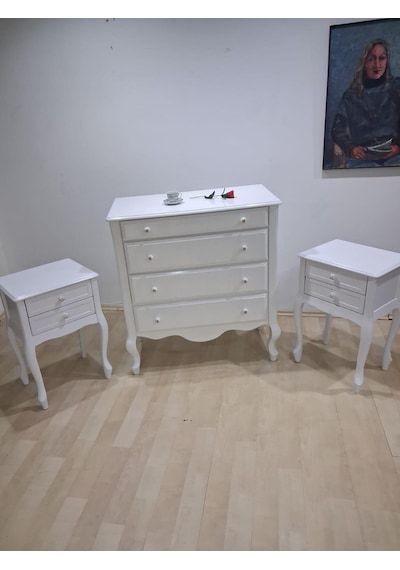 Şifonyer 2 Adet Komodin 90668 Model Aslan Ayak Kayın Parlak Beyaz Porselen Kulp