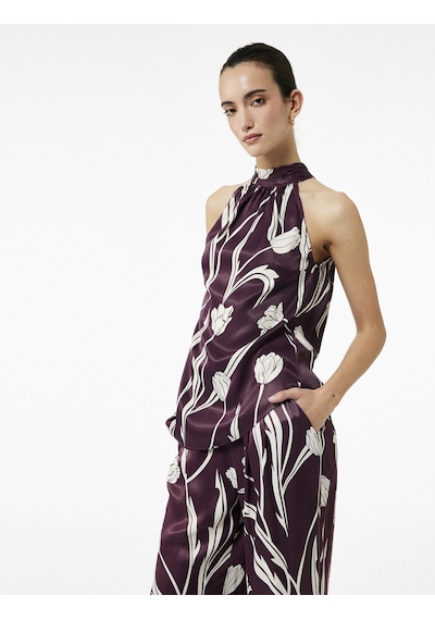 Koton Bağlama Detaylı Floral Desenli Halter Yaka Saten Bluz Bordo Desenli 6wak60123uw