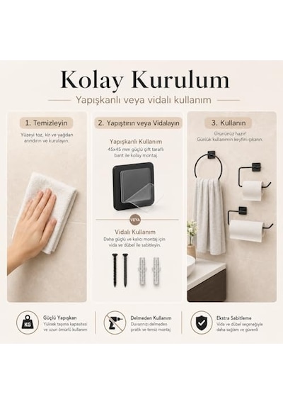 3'lü Siyah Banyo Seti, Yapışkanlı Ve Vidalı Montajlı Havluluk, Tuvalet Kağıtlığı, Yuvarlak Havluluk Ve Kağı Diğer