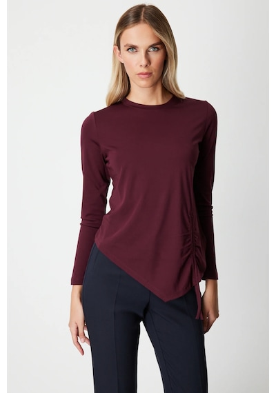 On Fashion On Asimetrik Kesim Yanı İpli Büzgülü Detaylı Sıfır Yaka Bluz Bordo
