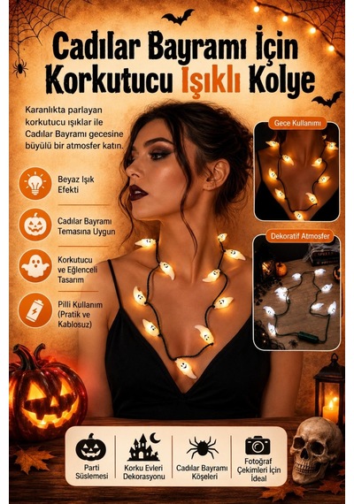 Halloween Cadılar Bayramı Hayalet Işıklı Kolye Pilli Beyaz Işıklı Kostüm Aksesuarı Tüm Yaşlar