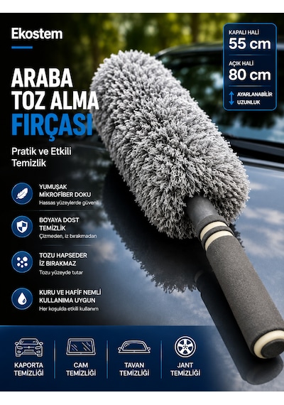 Teleskopik Saplı Araba Temizleme Püskülü Mikrofiber Oto Toz Alma Fırçası