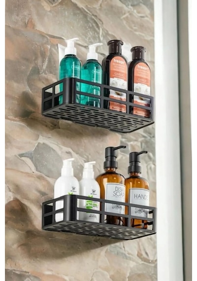 2'li Set Banyo Duş Rafı Şampuanlık, Sabunluk Siyah Yapışkanlı Siyah