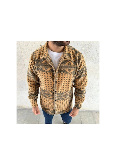Erkek Düğmeli Gömlek Polar Sweatshirt Yumuşak Dokulu Oversize Kalıp -sarı