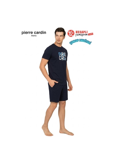 Pierre Cardin Paris Premium Erkek %100 Pamuk Baskılı Yazlık Rahat Kesim Şortlu Pijama Takımı Lacıvert