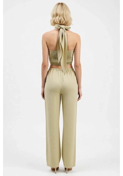 Benerly Kadın Alt Üst Keten Görünümlü Dokuma Crop Bluz Geniş Paça Pantolo Açık Haki