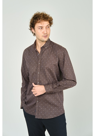De Leone Erkek Slim Fit Desenli Uzun Kollu %100 Pamuk Gömlek 2045 Kahverengi Kahverengi