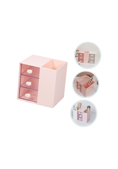Masaüstü Kalemlik Organizer 7 Bölmeli Kawaii Kapaklı Mini Çekmeceli Kalemlik - Pembe Pembe