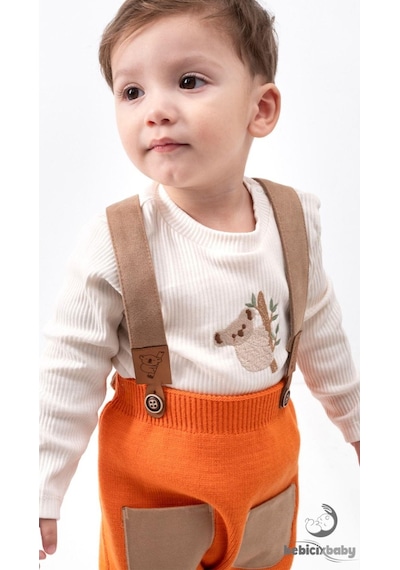 Tiwitibaby Triko Çapraz Askılı Salopet Koala Figürlü Esnek Kaşkorse Badi Bereli Unisex Bebek Takım Turuncu