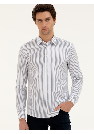 Cacharel Lacivert Slim Fit Pamuk Çizgili Gömlek