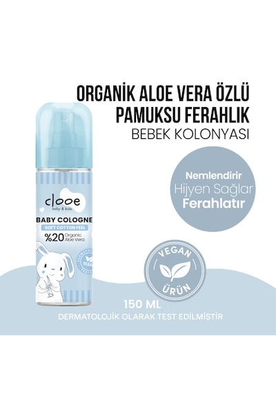 Hassas Ciltlere Özel Organik Aloe Vera Özlü Pamuk ve Vanilya Kokulu Bebek Kolonyası 4'lü Set 150 Ml + 40 Ml x 2