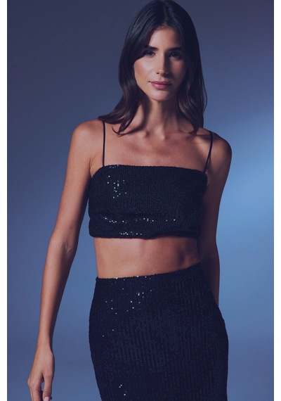 Sateen Askılı Payetli Crop Bluz - Siyah-135405 Siyah