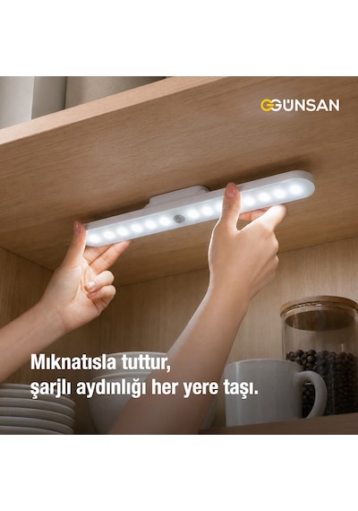 Günsan Şarjlı Mıknatıslı Hareket Sensörlü Led Lamba - Dolap İçi, Mutfak, Kitaplık, Tezgah Altı Aydınlatma - 3 Renk Modu - Dim Edilebilir - Işık Hafızalı Çok Renkli