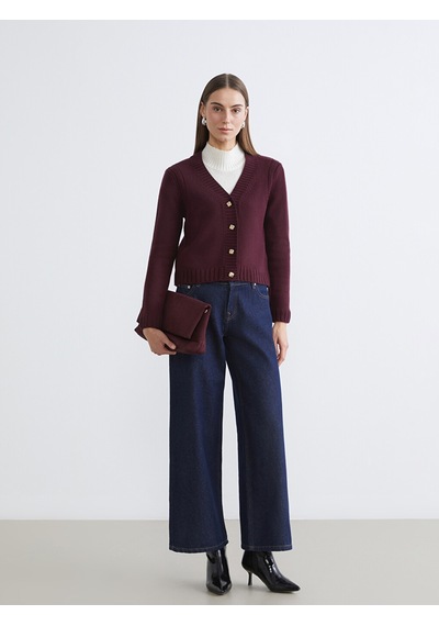 Lcw Comfort Bordo V Yaka Kendinden Desenli Kadın Triko Hırka