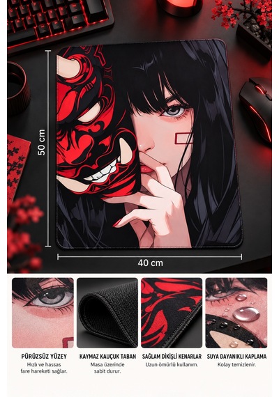 50x40 Cm Mask Anime Kızı Desenli Gaming Oyuncu Mouse Pad Kaymaz Taban Büyük Fare Altlığı