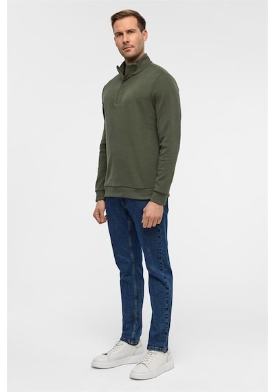 Süvari Haki Regular Düz Polo Yaka Sweatshirt Haki
