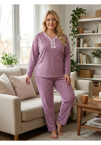 Büyük Beden Yumuşak Tuşeli Uzun Kol Likralı Pijama Takımı 8733 Lila