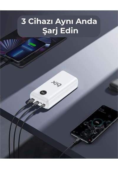 Pb201 Üç Portlu 20000mah 22.5w Süper Hızlı Şarj 4.0 Pd Giriş/çıkışlı Led Göstergeli Powerbank Beyaz