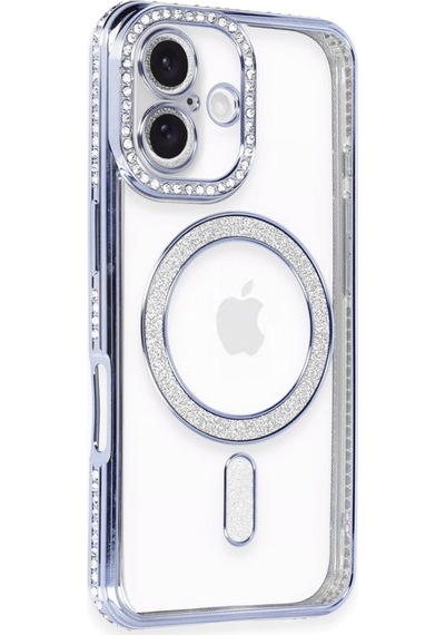 Apple Uyumlu iPhone 16e Kılıf Simli Magsafe Kamera Kenar Taşlı Kapak Mavi